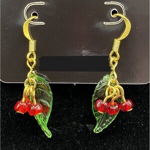Handmade Holly Leaf Motif & Red Glass Bead Gold Tone Earrings by Neanie-Bot